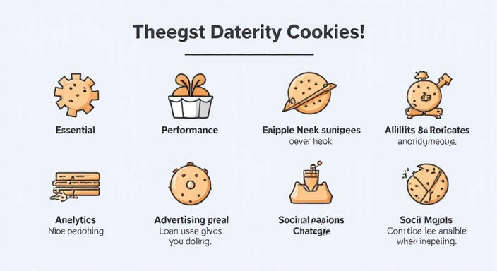 Diagramă cu diferite tipuri de cookie-uri: esențiale, de performanță, analytics, publicitate, social media, ilustrate cu pictograme relevante.