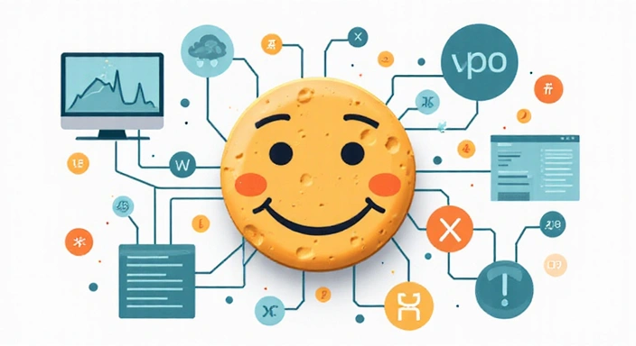 Ilustrație cu un biscuit de tip cookie și simboluri digitale, reprezentând datele colectate de fișierele cookie.