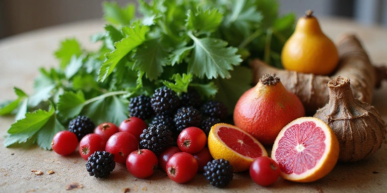 Ingrediente naturale aranjate estetic, plante și fructe proaspete, simbolizând puritatea și prospețimea.
